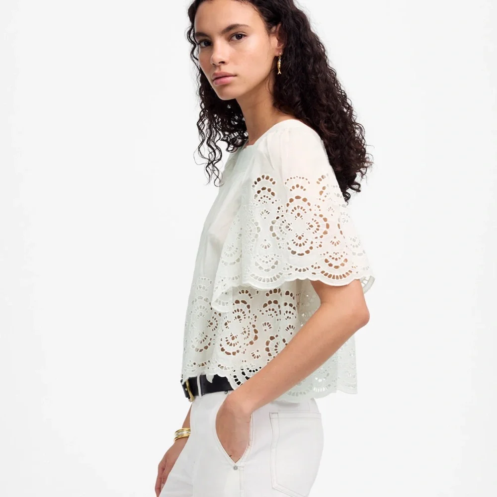 Madewell White Flutter Sleeve Blouse with Eyelet embroidered‎ Details Size M NWT